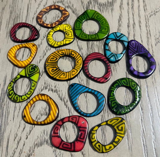 Tagua Hoop Beads. 15 Multicolored Patterned Pieces.