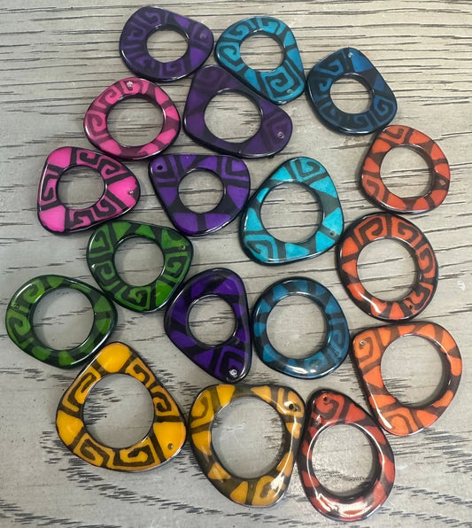 Tagua Hoop Beads. 18 Multicolored Patterned Pieces.