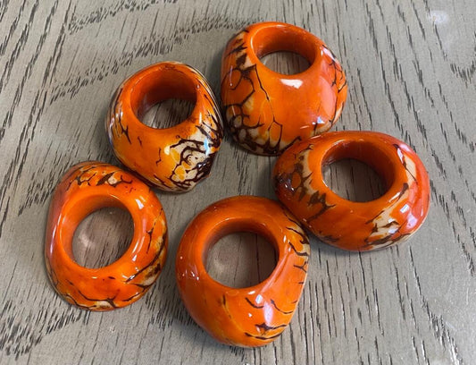 Tagua Thick Hoop Beads. 6 Orange Pieces.