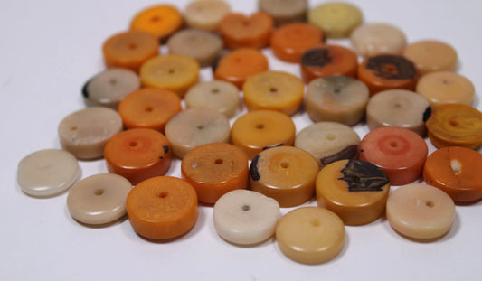 Tagua Donut Beads. 36 Mini Orange and Beige Pieces.