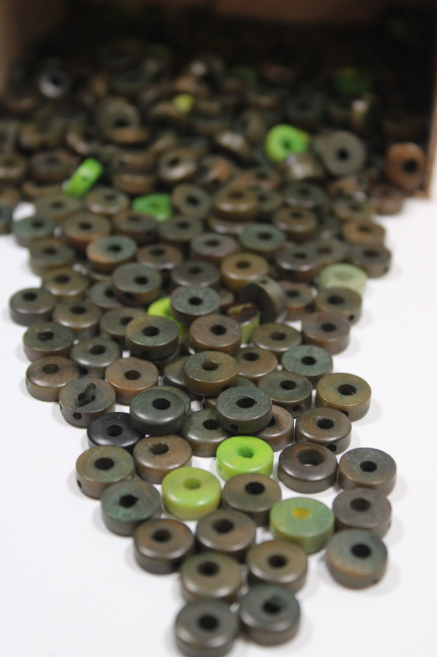 Tagua Donut Beads. 25 Mini Brown, Light and Dark Green Pieces Pieces.