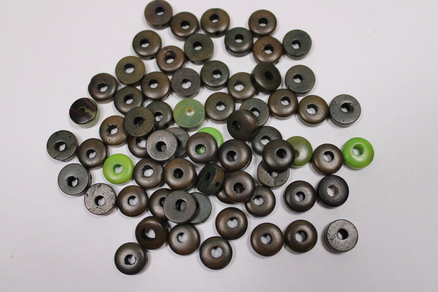 Tagua Donut Beads. 25 Mini Brown, Light and Dark Green Pieces Pieces.