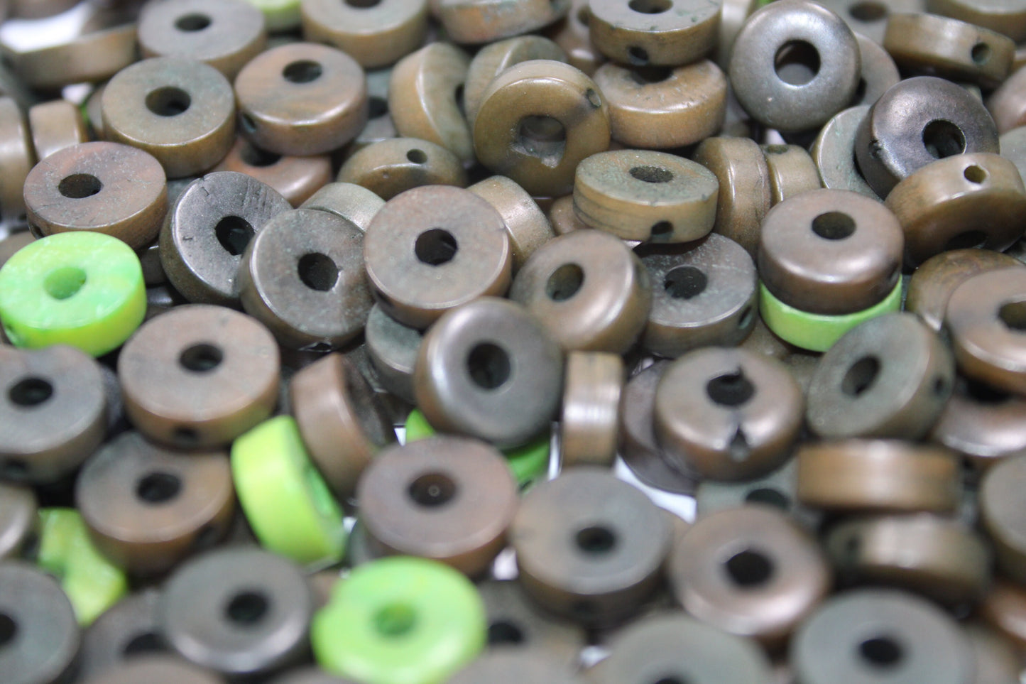 Tagua Donut Beads. 25 Mini Brown, Light and Dark Green Pieces Pieces.