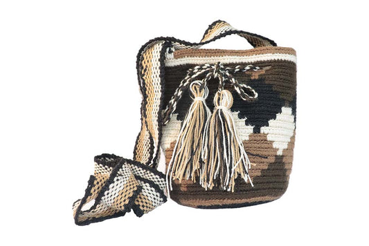 Wayuu Handmade Bag. Handmade Weaved Pattern Crochet Bag in Beige and Brown. Natural Fiber. Handcrafted from Colombia. Exotic Bag