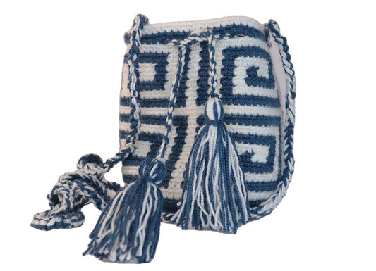 Wayuu Handmade Mini Bag. Handmade Weaved Pattern Crochet Bag in White and Blue. Natural Fiber. Handcrafted from Colombia. Exotic Bag