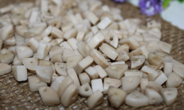 Mini tagua nuts in the shape of triangles. Beige color. 100 pieces. Approx. 1cm x 0.7mm. Perforated in the center. Jewelry making TBTBeige01