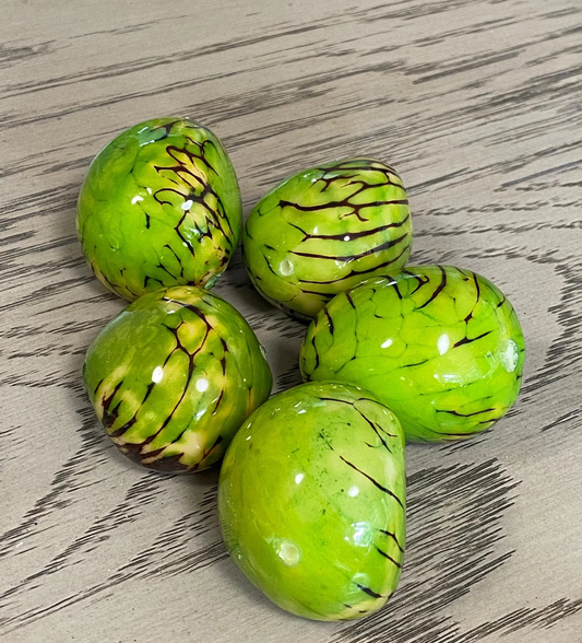 Tagua Nut Green Color.  Vertical Top Drilled, 6 Nuts. Size: 5 - 6 cm. x 4 - 5 cm. approx. TWGreen02D
