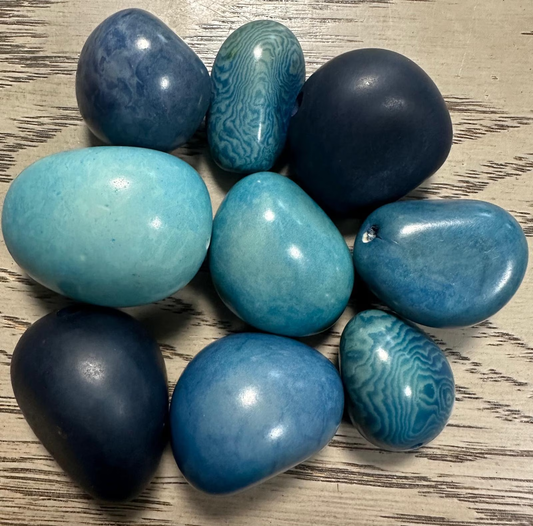 Tagua Nut Whole Seed Beads Mix of Blue Colors | Mix of Big & Small Sizes | 9 nuts | 3 to 5 cm. tall | Top Drilled. TWMixcolors08D-U