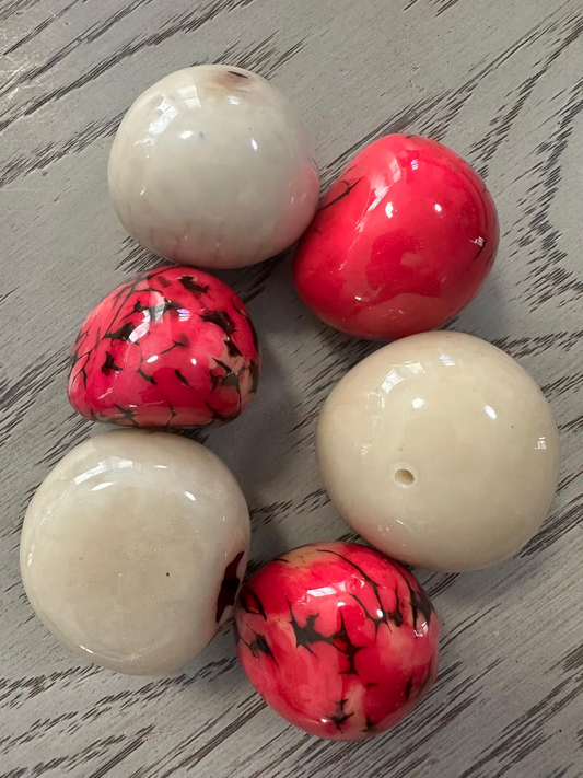 Tagua Nut Whole Seed Nut Coated Resin Beads Shiny Set Beige & Pink 6 Pcs Size 4x3 cm approx. Top Drilled. TWTwocolors01D