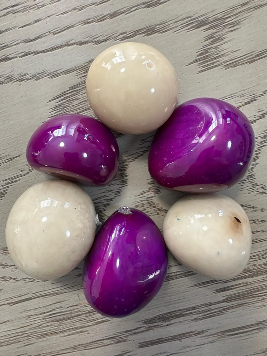 Tagua Nut Whole Seed Nut Coated Resin Beads Shiny Set Beige & Purple 6 Pcs Size 4x3 cm approx Top Drilled. TWTwocolors07D