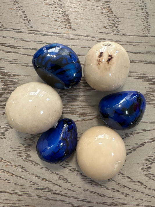 Tagua Nut Whole Seed Nut Coated Resin Beads Shiny Set Beige & Blue 6 Pcs Size 4x3 cm approx. Top Drilled. TWTwocolors10D