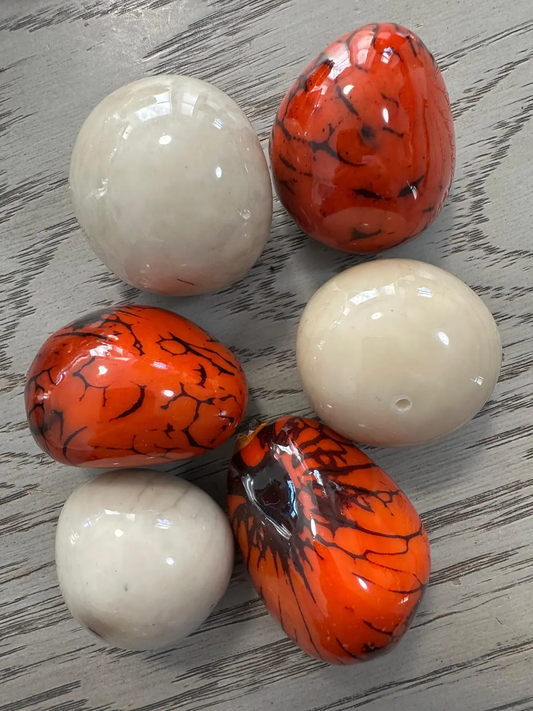 Tagua Nut Whole Seed Nut Coated Resin Beads Shiny Set Beige & Orange 6 Pcs Size 4x3 cm approx Top Drilled. TWTwocolors03D