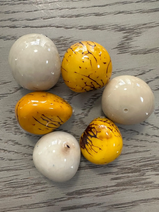 Tagua Nut Whole Seed Nut Coated Resin Beads Shiny Set Beige & Yellow 6 Pcs Size 4x3 cm approx Top Drilled. TWTwocolors05D