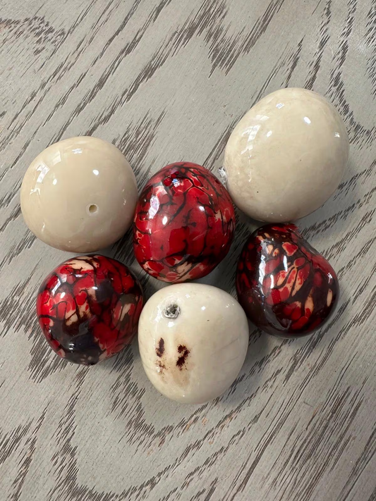 Tagua Nut Whole Seed Nut Coated Resin Beads Shiny Set Beige & Red 6 Pcs Size 4x3 cm approx. Top Drilled. TWTwocolors02D
