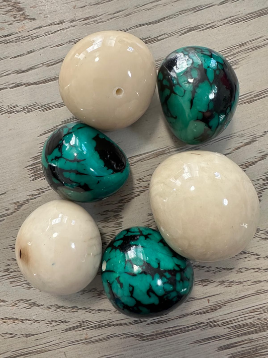 Tagua Nut Whole Seed Nut Coated Resin Beads Shiny Set Beige & Green 6 Pcs Size 4x3 cm approx. Top Drilled. TWTwocolors08D