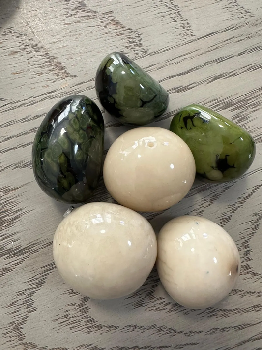 Tagua Nut Whole Seed Nut Coated Resin Beads Shiny Set Beige & Green 6 Pcs Size 4x3 cm approx. Top Drilled. TWTwocolors04D