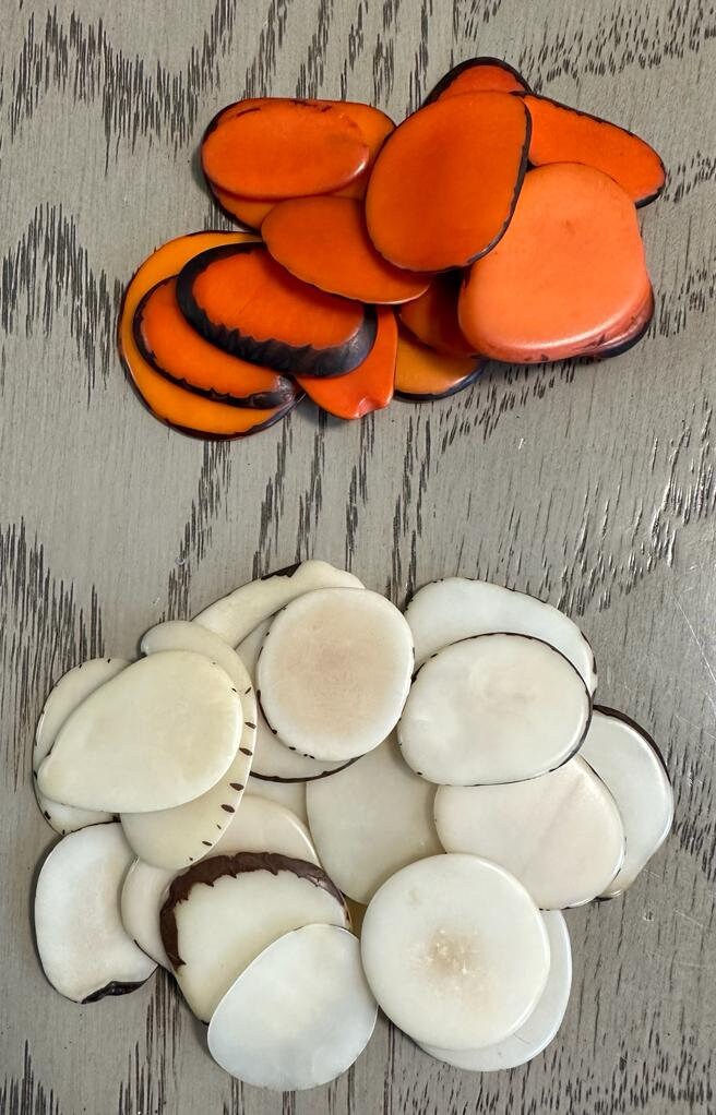 Tagua Slices Beads. 20 Orange and Beige Pieces