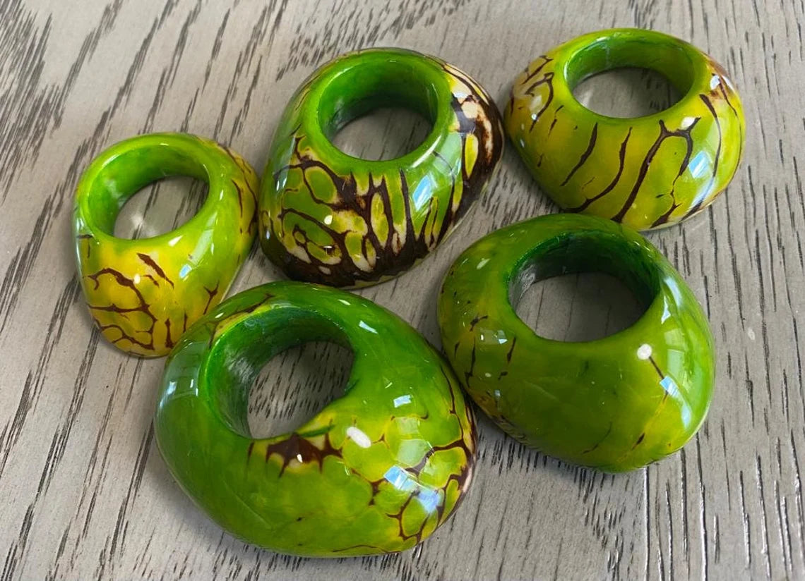 Tagua Thick Hoop Beads. 5 Green Pieces