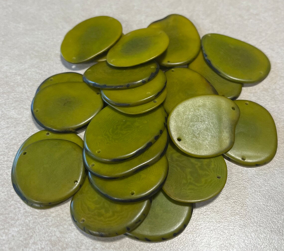 Tagua Slices Beads. 30 Olive Green Pieces