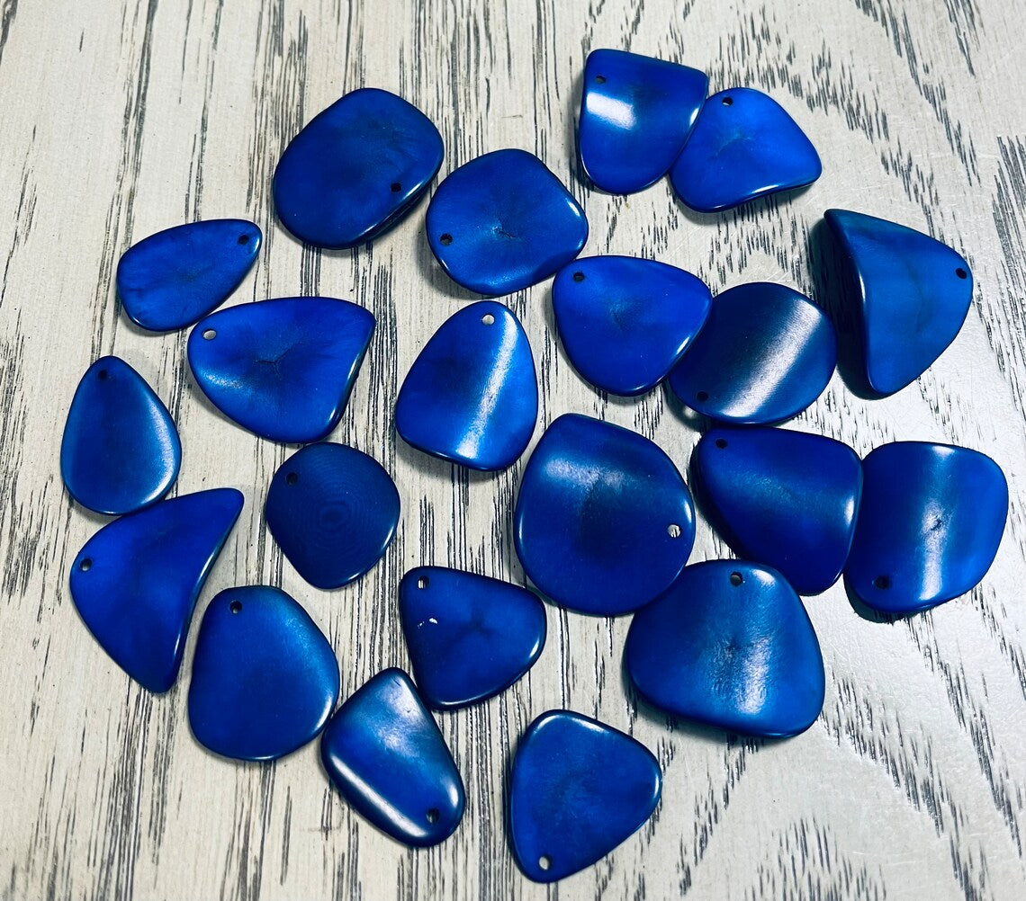 Tagua Chip Slices Beads. 20 Blue Pieces.