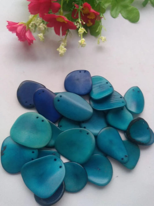 Tagua Teardrop Slices Beads. 20 Blue Pieces
