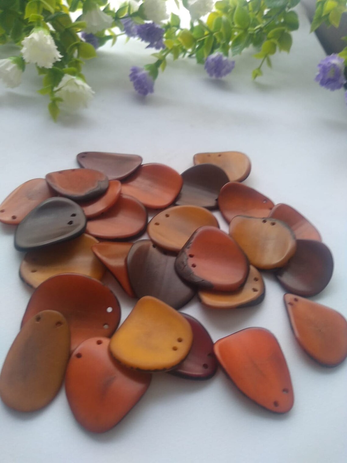Tagua Chip Slices Beads. 20 Yellow, Brown or Green Pieces.