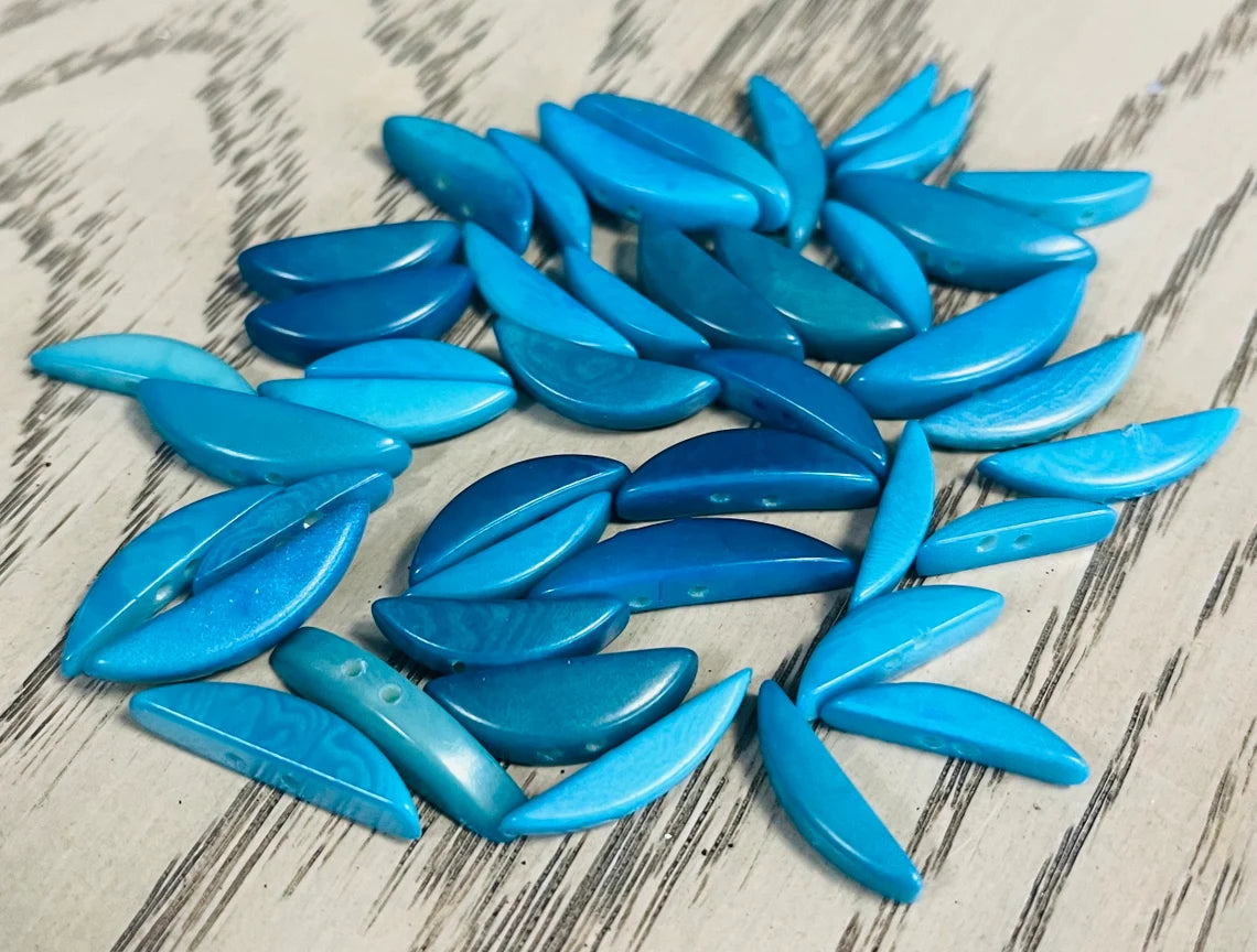 Tagua Crescent Moon Beads. 30 Blue Pieces