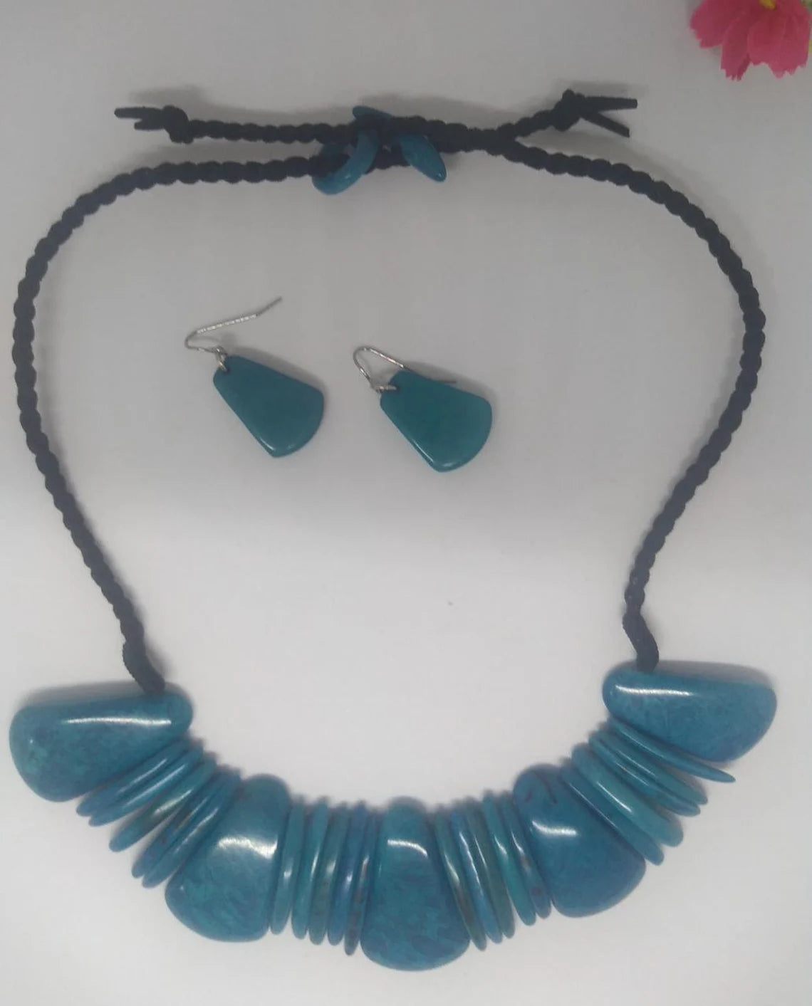 Tagua Necklace and Earrings Set in Blue Color