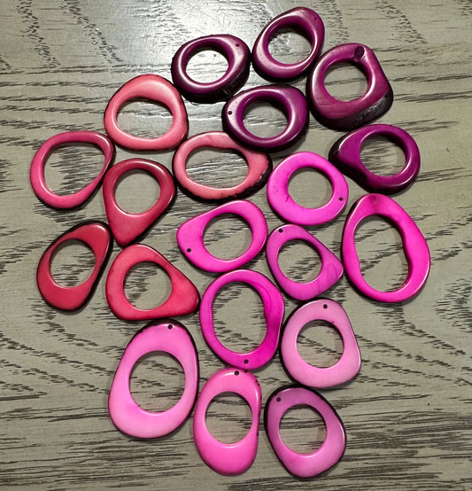 Tagua Hoop Beads. 20 Pink, Coral Pink and Fuchsia Pieces.