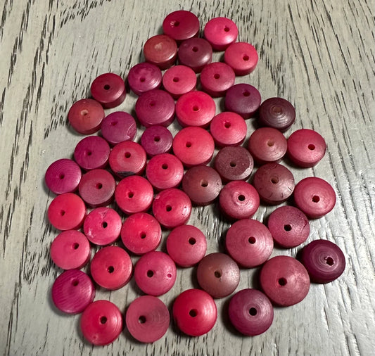 Tagua Donut Beads. 25 Mini Pink, Red and Magenta Pieces.