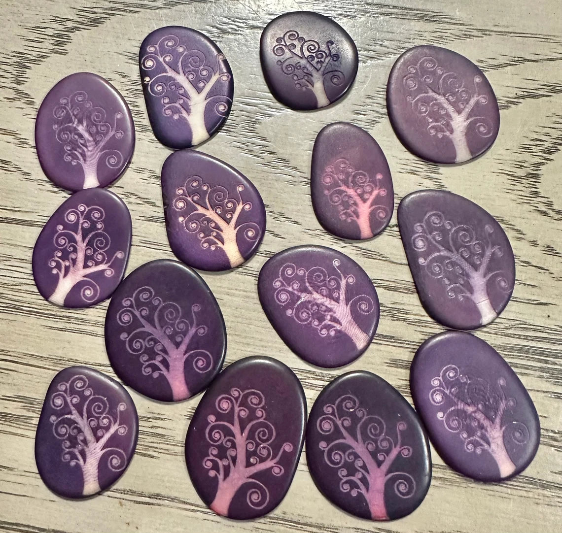 Tagua Slices Beads. 20 Purple Engraved Pieces