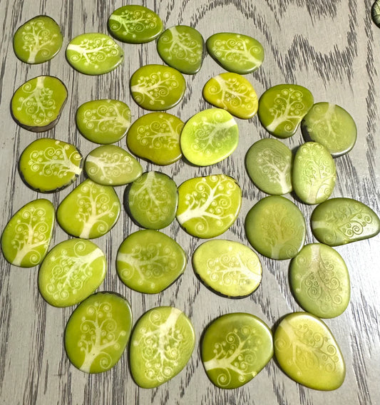 Tagua Slices Beads. 20 Engraved Green Pieces.