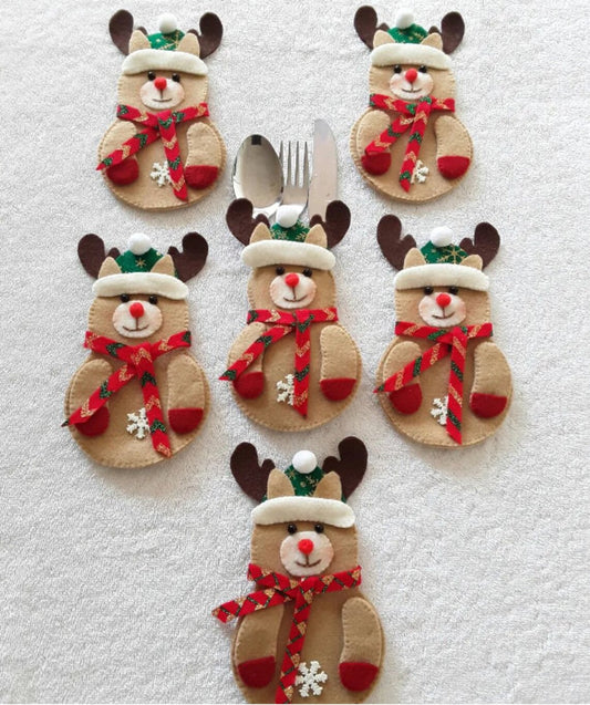 Rudolph Reindeer Christmas Cutlery Holder, Silverware Pouch,
