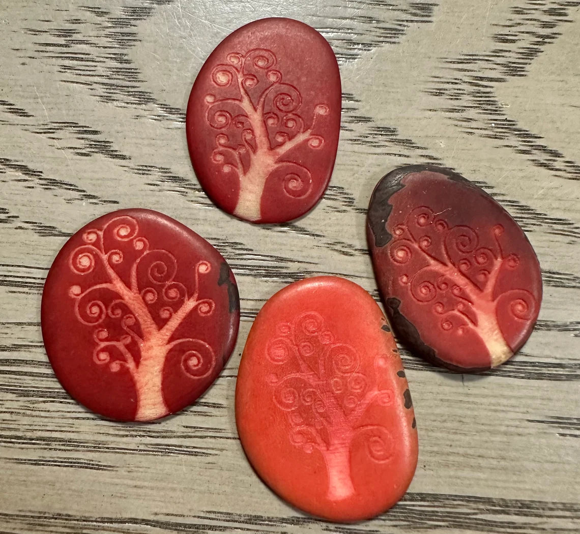 Tagua Slices Beads. 20 Red Engraved Pieces.