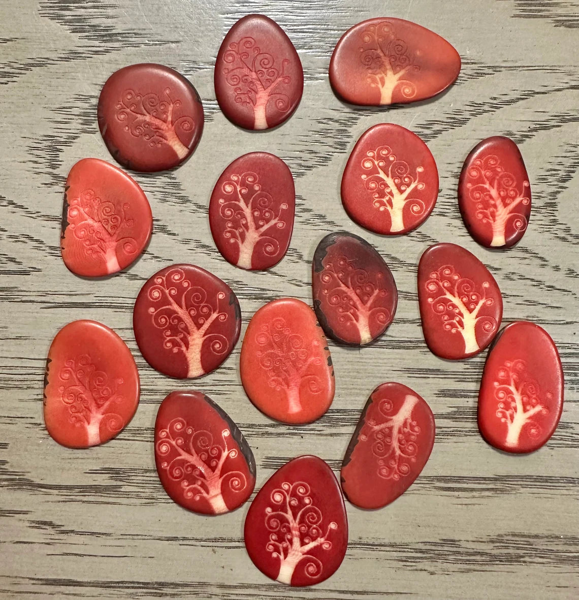 Tagua Slices Beads. 20 Red Engraved Pieces.