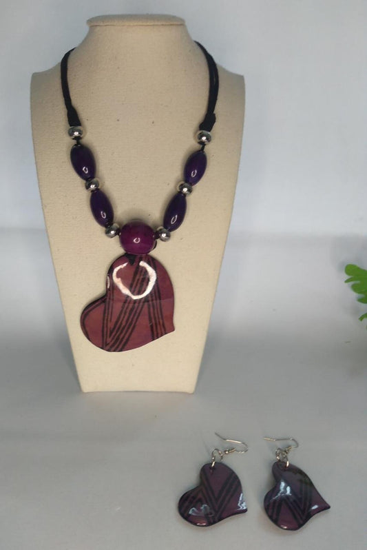 Tagua Pendant Necklace and Earrings Heart Shaped Set in Purple color