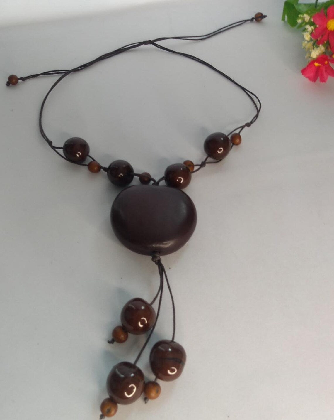 Bombona Seed Pendant Necklace and Earrings Set in Brown Color