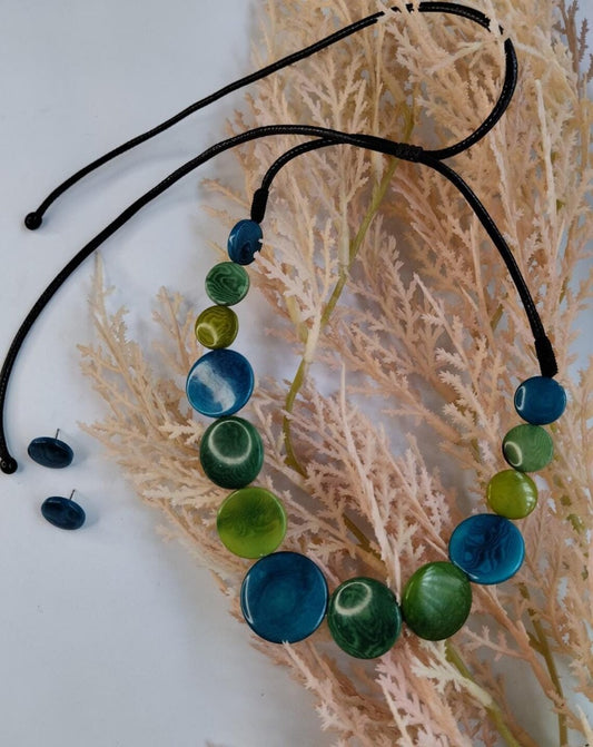 Tagua Necklace and Earrings Set in Blue and Green Color.