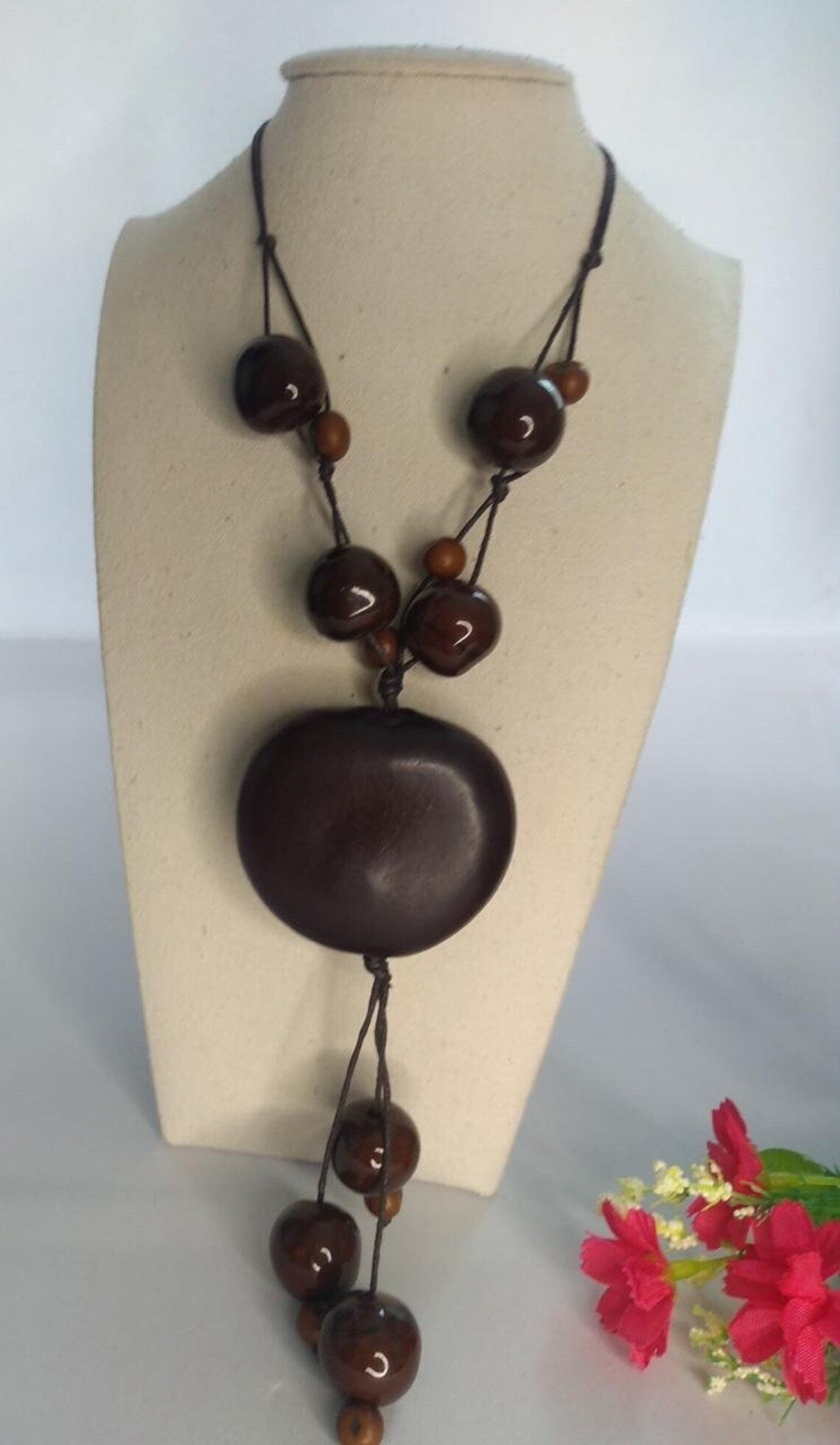 Bombona Seed Pendant Necklace and Earrings Set in Brown Color