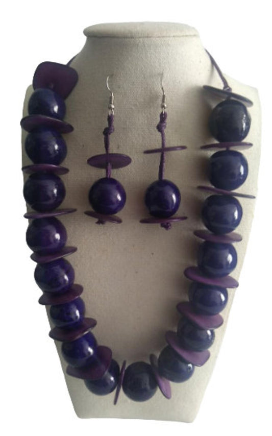 Bombona Seed Necklace and Earrings Set in Purple Color