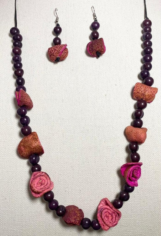Orange Peel and Acai Seed Necklace and Earrings Rose Shaped Set in Pink Color.