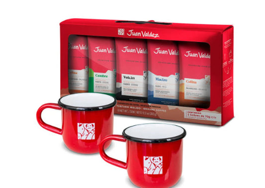 Coffee Lover Gift Box from Juan Valdez. Coffee 5 Sachets + 2 mugs of peltre