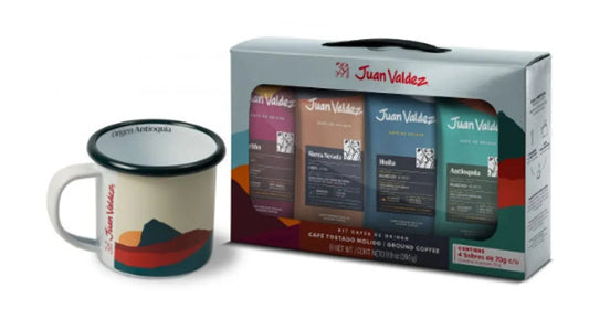 Coffee Lover Gift Box From Colombia. Juan Valdez. Peltre Mug + 4 Flavors of Coffee