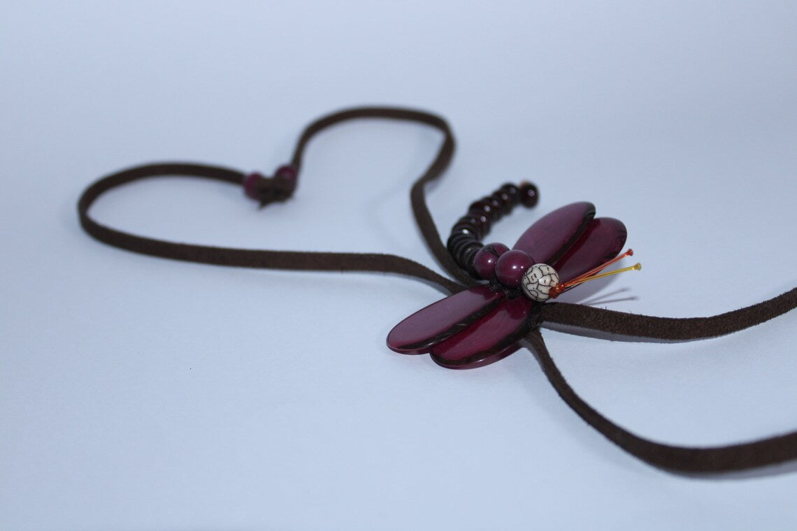 Tagua Pendant Necklace and Earrings Dragonfly Shaped Set in Purple Color