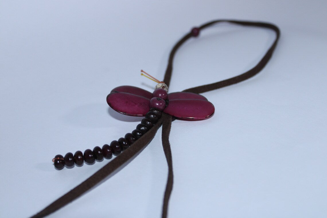 Tagua Pendant Necklace and Earrings Dragonfly Shaped Set in Purple Color