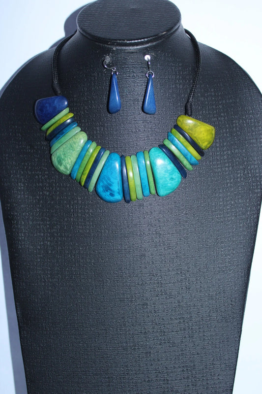 Tagua Necklace and Earrings. Blue and Green Set.
