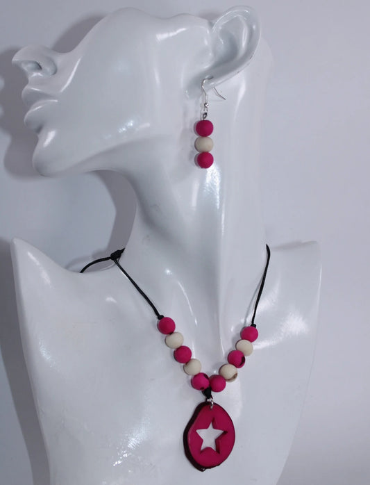 Tagua Pendant Necklace and Earrings Star Cut Set in Pink Color