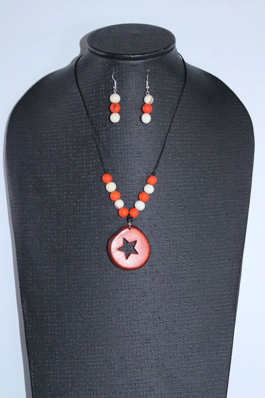 Tagua Pendant Necklace and Earrings Star Cut Set in Orange Color.