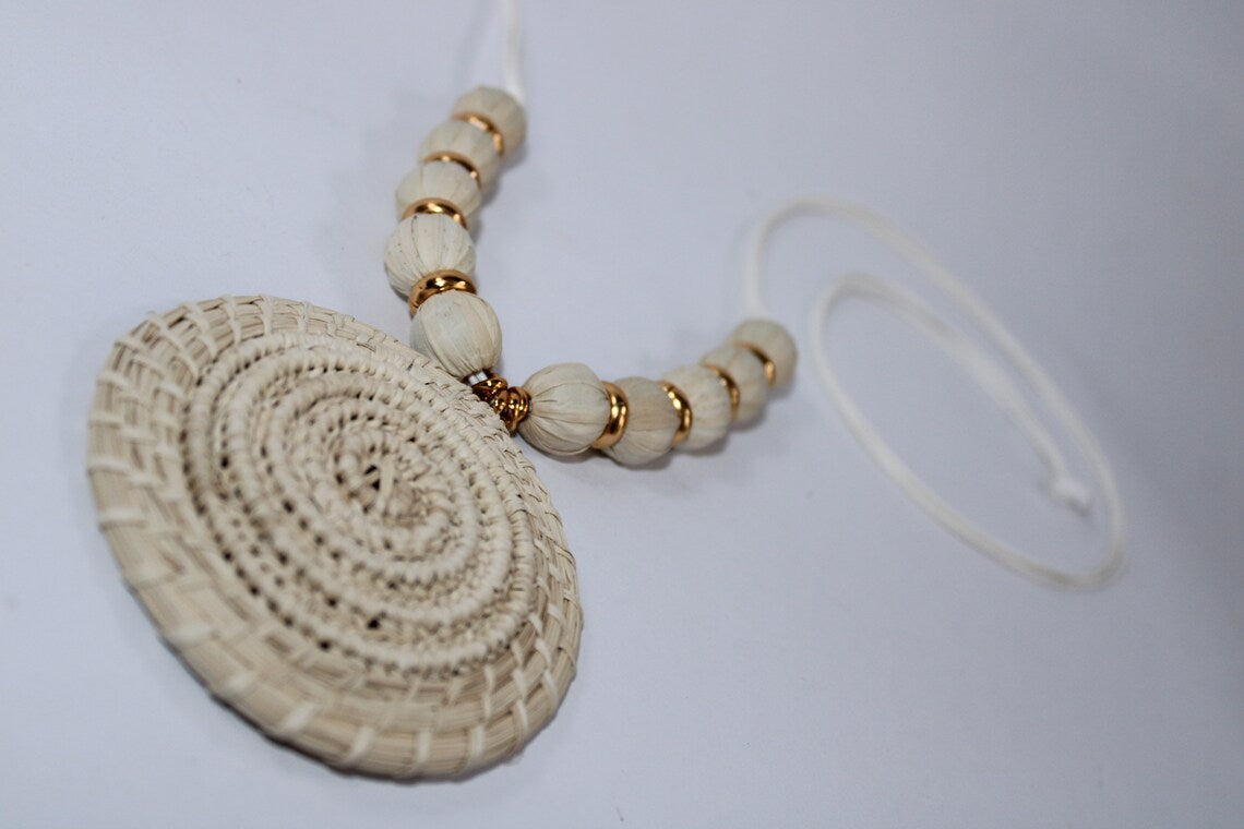 Iraca Palm Pendant Necklace and Earrings Circle Shaped set in Beige Color