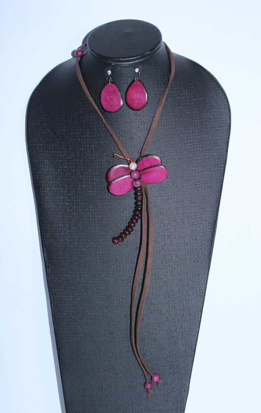 Tagua Pendant Necklace and Earrings Dragonfly Shaped Set in Purple Color